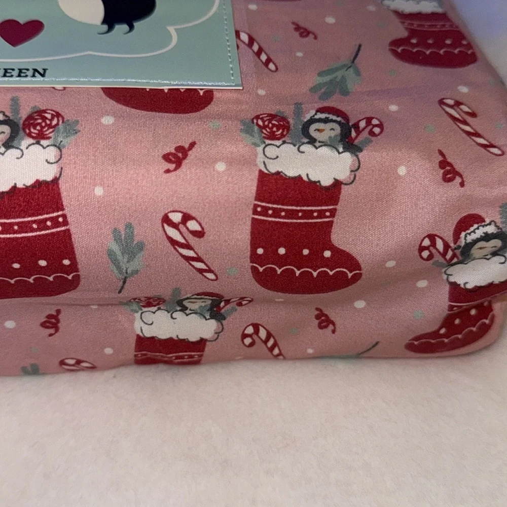 Winter Whimsy Penguin and Red Christmas Stockings Holiday Queen Sheet Set